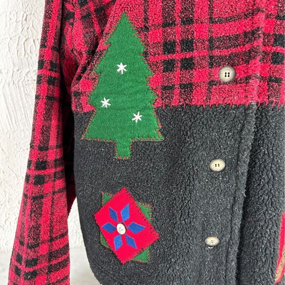 Talbots Plaid Fleece Reindeer Christmas Tree Applique Fleece Jacket - Women's XL - Picture 3 of 14